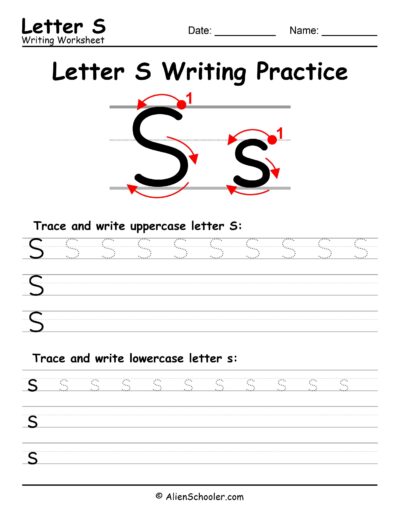 Letter S writing worksheet for kindergarten