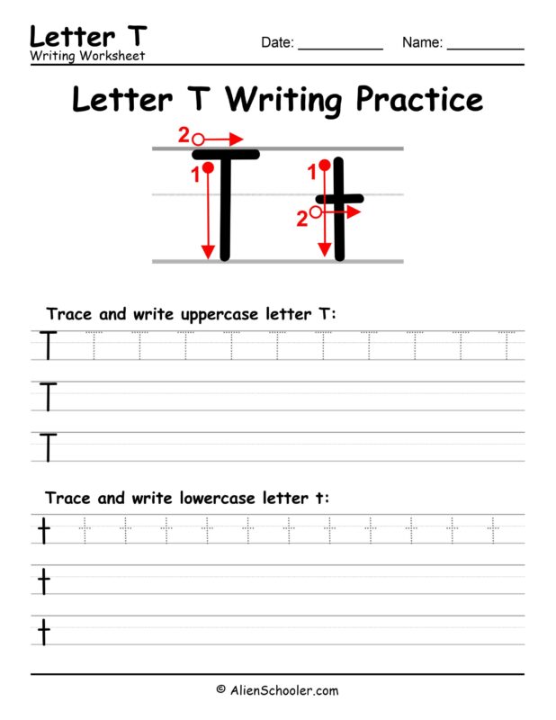 Letter T writing worksheet for kindergarten