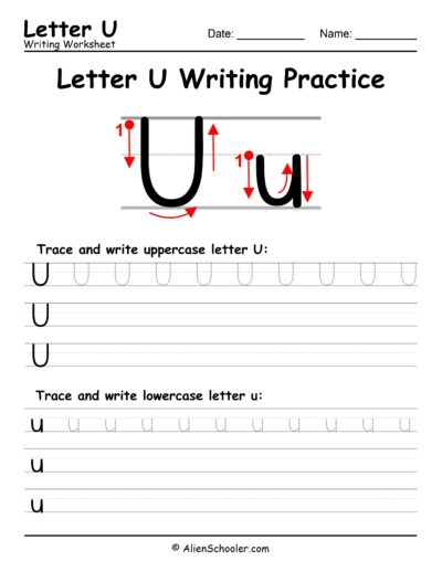 Letter U writing worksheet printable
