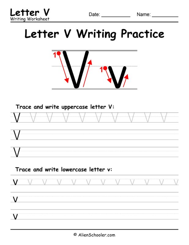 Letter V writing practice worksheet printable