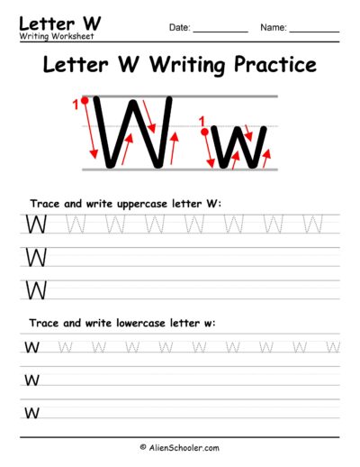 Letter W writing worksheet for kindergarten