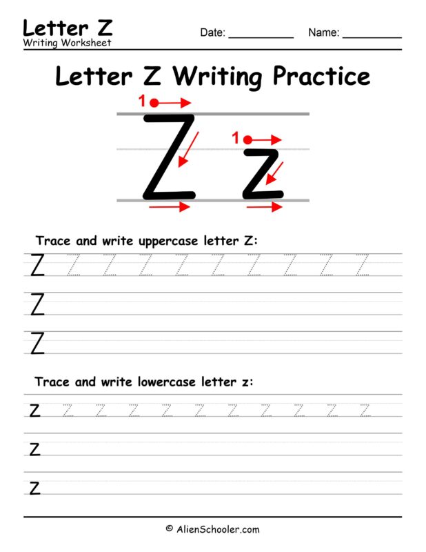Letter Z writing worksheet for kindergarten