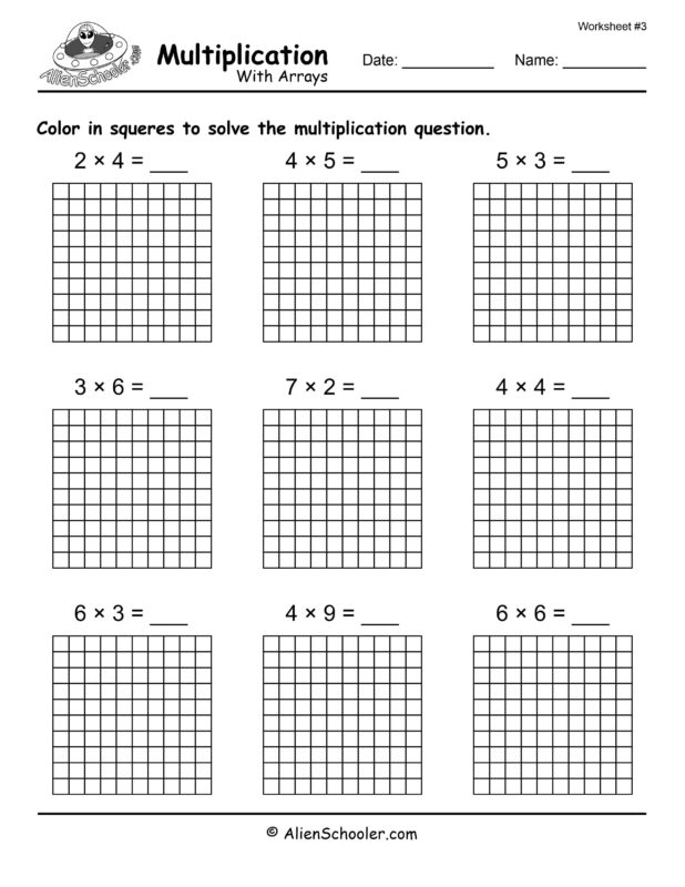 Multiplication with arrays, worksheet, free printable