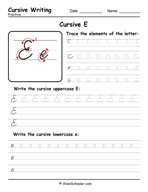 Cursive writing worksheet: The letter E