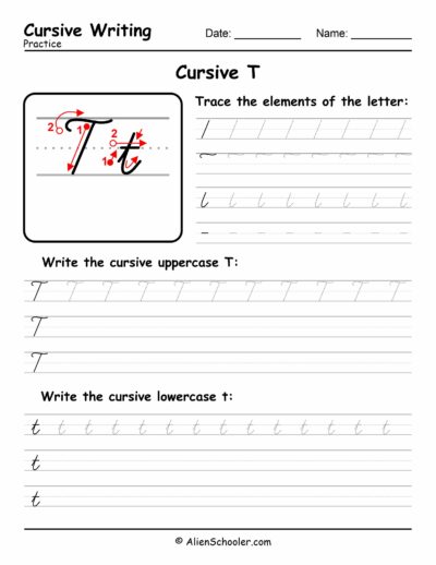 Cursive writing worksheet: The letter T