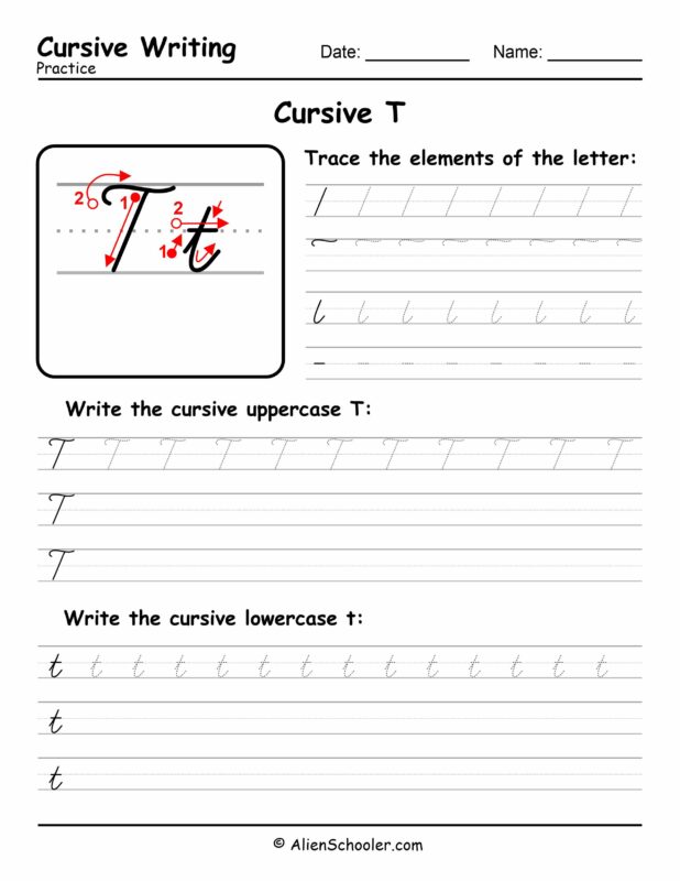 Cursive writing worksheet: The letter T