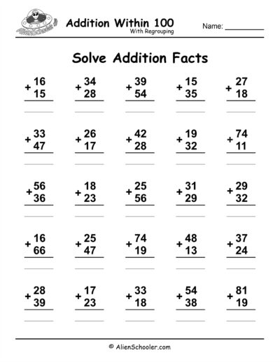 Addition Within 100 With Regrouping Worksheet