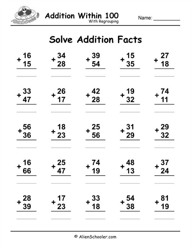 Addition Within 100 With Regrouping Worksheet