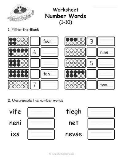 Number Words 1to 10 Worskheet: Fill in and Unscramble