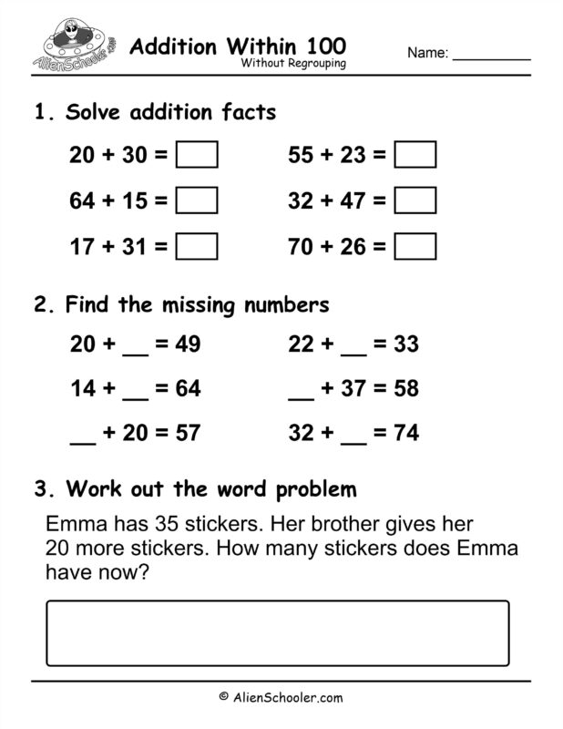 Printable Addition Within 100 Without regrouping