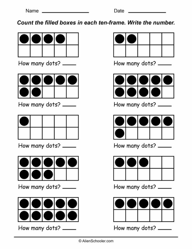Ten frame worksheet with dots showing numbers up to 10