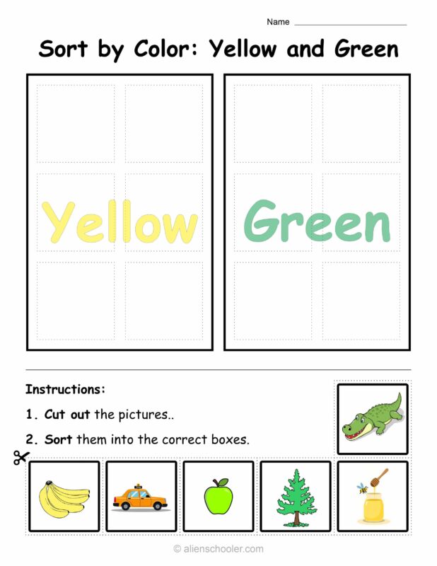 Green and yellow color sorting worksheet for preschoolers with nature-themed pictures