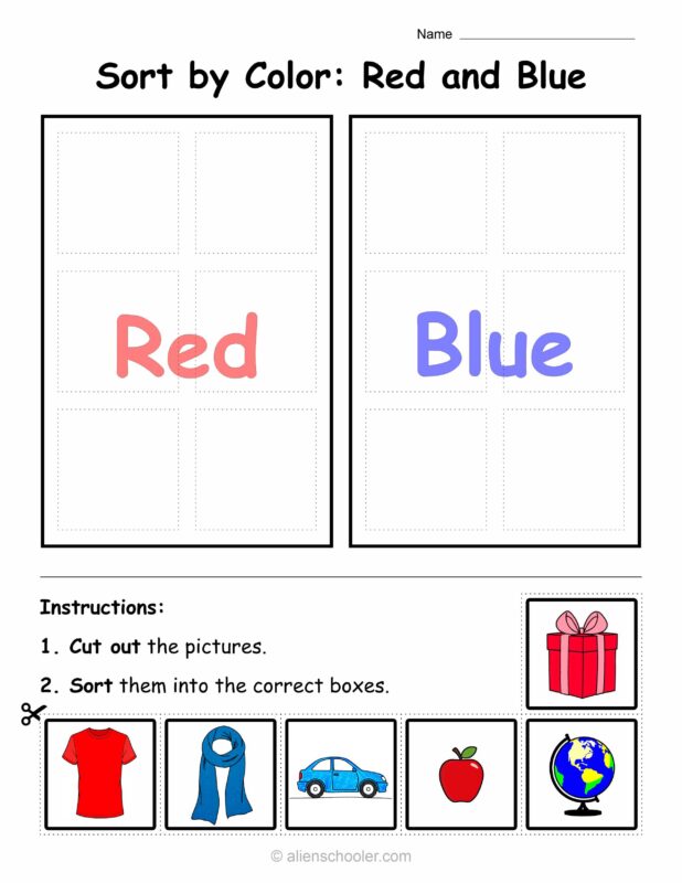 Free printable color sorting activity with red and blue items for kindergarten