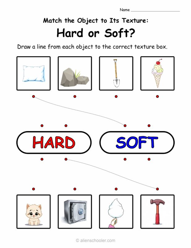 Matching worksheet for kindergarten: sort hard and soft textures with engaging visuals