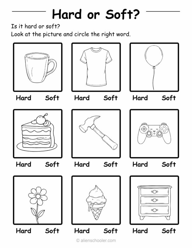 Kindergarten worksheet to circle 'hard' or 'soft' under pictures of objects