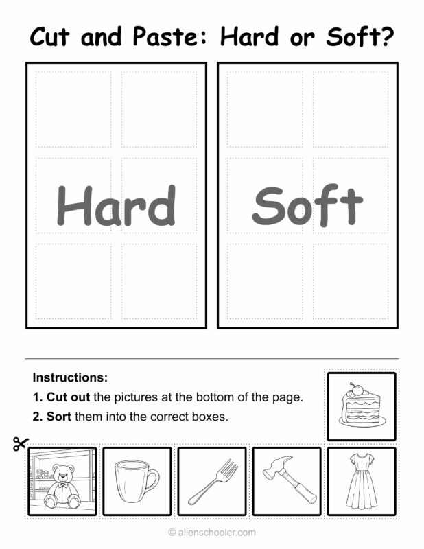 Printable cut and paste activity for sorting hard and soft objects into boxes
