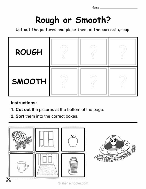 Free printable cut and paste worksheet for kindergarten: sort objects by texture – rough or smooth