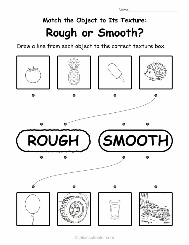 Matching worksheet for kindergarten: sort objects by texture – rough or smooth