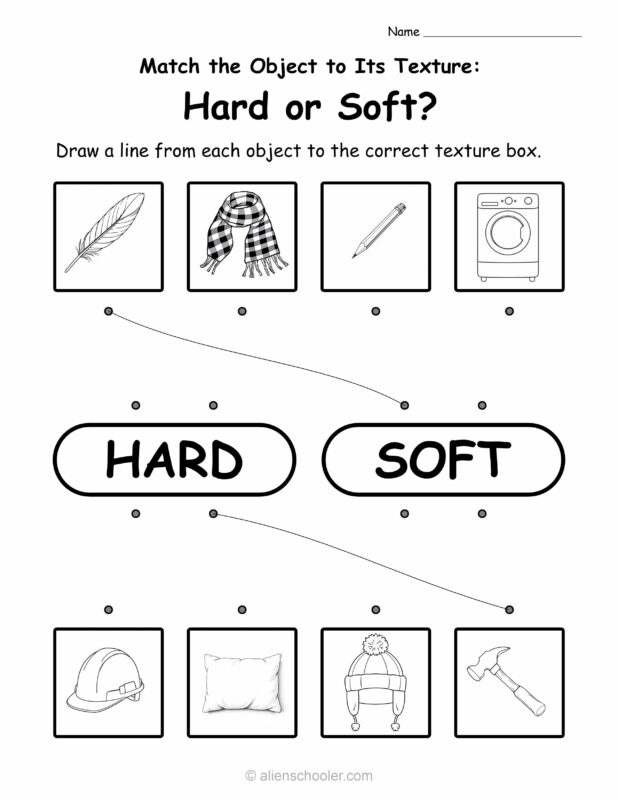 Interactive worksheet for kindergarten: match objects to hard or soft texture by drawing lines