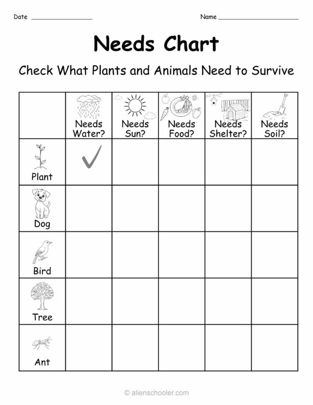 Preview of a kindergarten needs chart worksheet: compare what plants and animals need to survive with checkboxes for water, sunlight, food, air, and shelter.