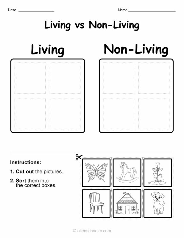 Kindergarten worksheet: cut and paste activity to sort living and non-living things like animals, plants, rocks, and toys.