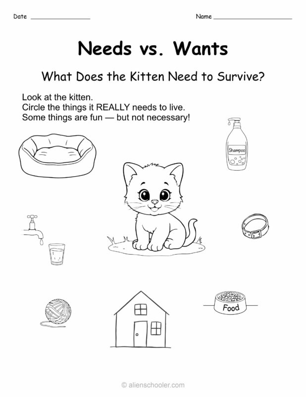 Kindergarten worksheet: help a kitten survive by circling needs like food, water, and shelter, while ignoring wants like toys and bed.