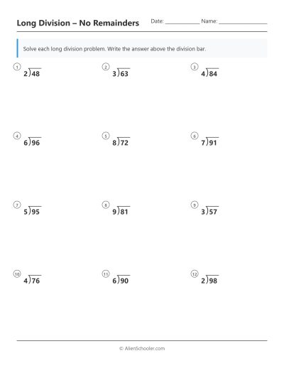 Printable beginner long division worksheet with 2-digit problems and no remainders