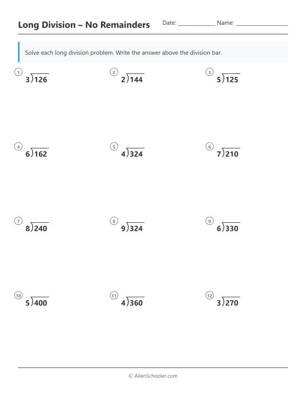 Free printable long division worksheet with 3-digit problems and no remainders