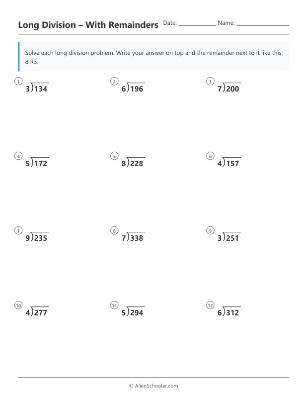 Beginner long division printable worksheet with 3-digit problems and remainders