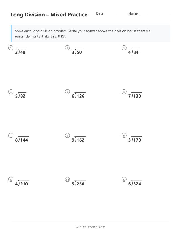 Printable long division worksheet with mixed 2 and 3-digit problems for beginners