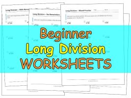 Preview of beginner long division worksheets: 2-digit and 3-digit problems with and without remainders