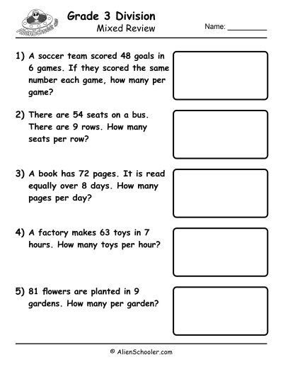 Mixed division word problems: no remainders, varied contexts (Grade 3)