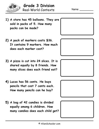 Real-life division scenarios: packaging, money, sharing — Grade 3 level