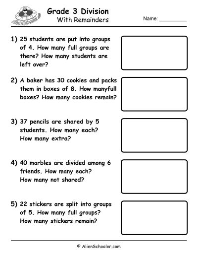Division with remainders: interpret leftovers in word problems for Grade 3