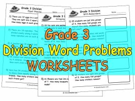 A stack of free, printable Grade 3 math worksheets with division word problems