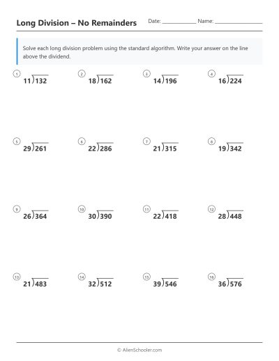 Long division worksheet: 3-digit ÷ 2-digit, no remainders