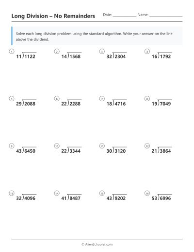 Long division worksheet: 4-digit divided by 2-digit, no remainders
