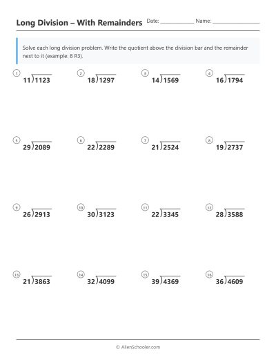 Long division worksheet: 4-digit divided by 2-digit, with remainders