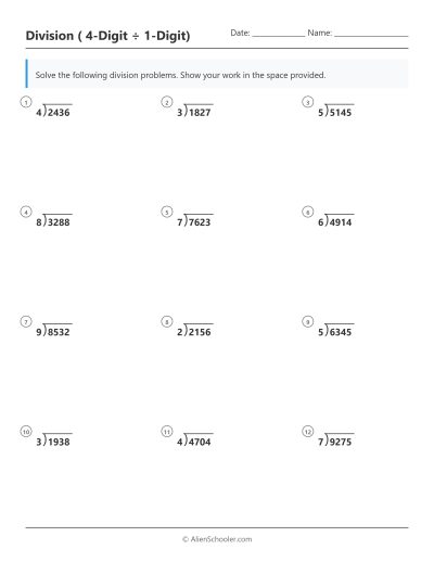 Preview of a 4 digit by 1 digit division no remainders worksheet with standard algorithm practice.