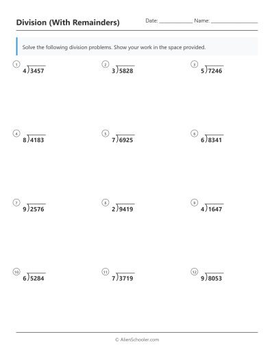 Preview of a 4 digit by 1 digit division with remainders worksheet showing standard algorithm practice.