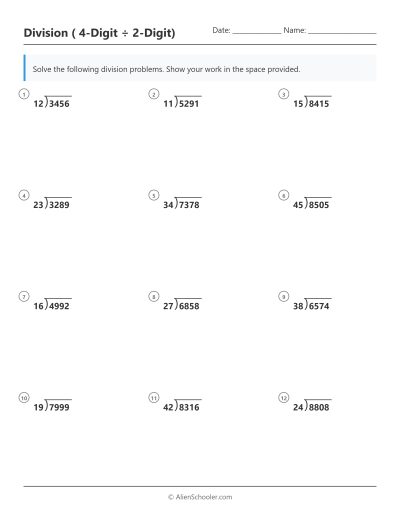 Long division 4 digit by 2 digit worksheet with no remainders