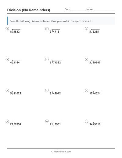 Mixed long division no remainder worksheet preview combining 4-digit and 5-digit dividends.