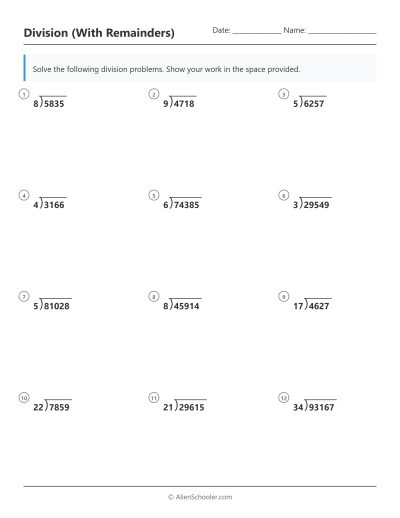 Mixed long division with remainders worksheet preview combining 4-digit and 5-digit dividends.